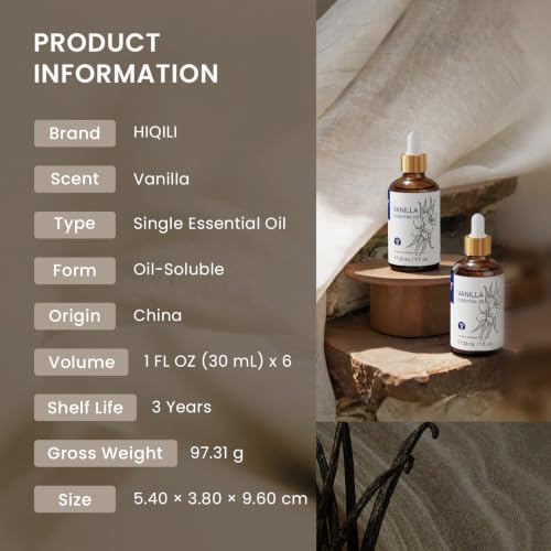 Image of HIQILI Vanilla Essential Oil Set, Value Pack for Family, Business Supply | Bulk for SPA, Hotel, Home, Car Fragrance, Candle Soap Making Scent, Handmade DIY Crafting Material - 1 fl oz (6 Pack)