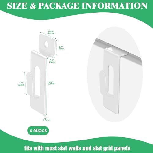Image of 60Pcs Slatwall Utility Notch Hook Metal Slat Wall Display Hangers Picture Hook Slatwall Accessories for Photo Frame Painting Artworks Panel Pegboard Slat Grid Shelf Hanging Display (White)
