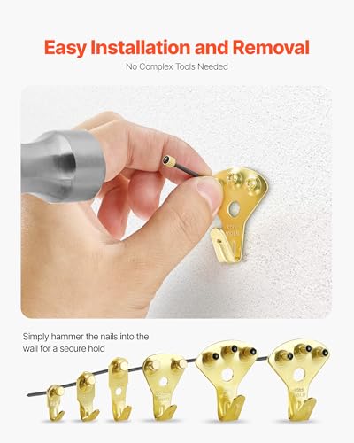 Image of VEVOR 130 Pieces Picture Hanging Kit, 10lb, 20lb, 30lb, 50lb, 75lb and 100lb Picture Hangers, Metal Pictures Hanging Hooks with Nails for Mirror, Painting, Photo Frame on Drywall & Wooden Wall, Gold