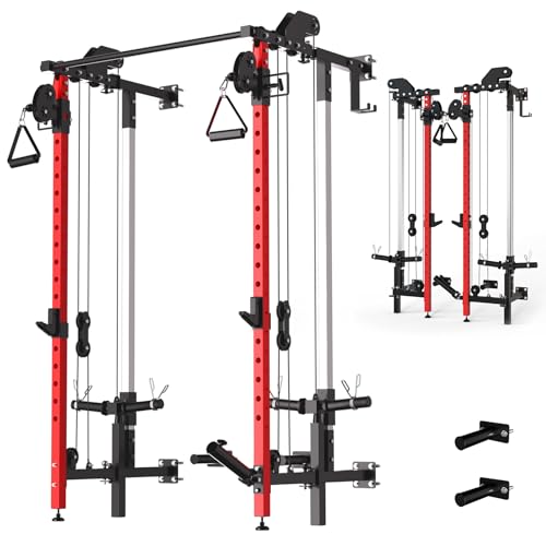 GarveeLife Folding Squat Rack, Wall Mounted Power Rack with Pulley System & Pull Up Bar, Compact Fitness Equipment with 5 Adjustable Function Modes fo