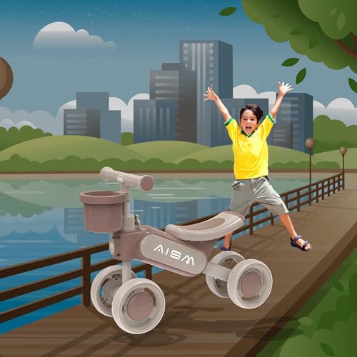 Image of Super Glide Balance Bike with Basket | Toddler First Ride-On Bike | Non-Pedal 4-Wheel Push Bike | Lightweight & Sturdy Design for Boys & Girls | Ideal for 1-3 Years Old (Brown : KB-079)