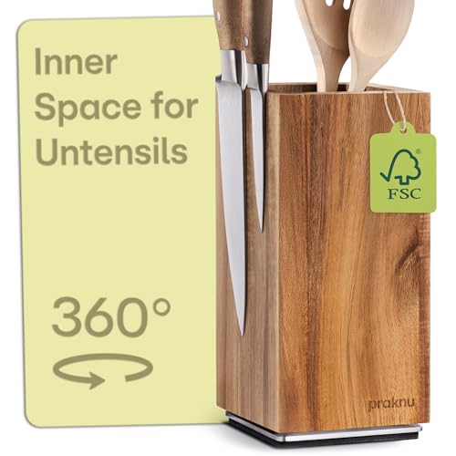 Praknu Magnetic Knife Block 360° Rotatable Without Knives - FSC® Acacia Wood with Space for Kitchen Utensils - Strong Magnet on Both Sides - Non-Slip Base