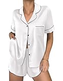 Ekouaer Womens Satin Silk Pajamas Set Button Up Bride Pjs Shorts Set, 2 Piece Short Sleeve Sleepwear for Bridal Party Gifts, White, Large
