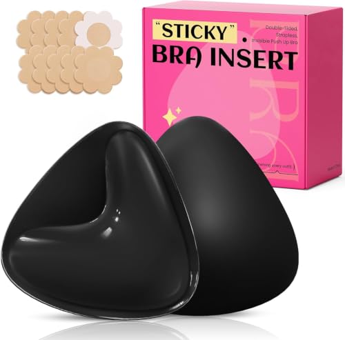 Image of Double Sided Sticky Bra Inserts, Invisible Push Up Sticky Bra Pads for Large Breasts, Stick on Bra for Bikini Swimsuits (Medium, Black)