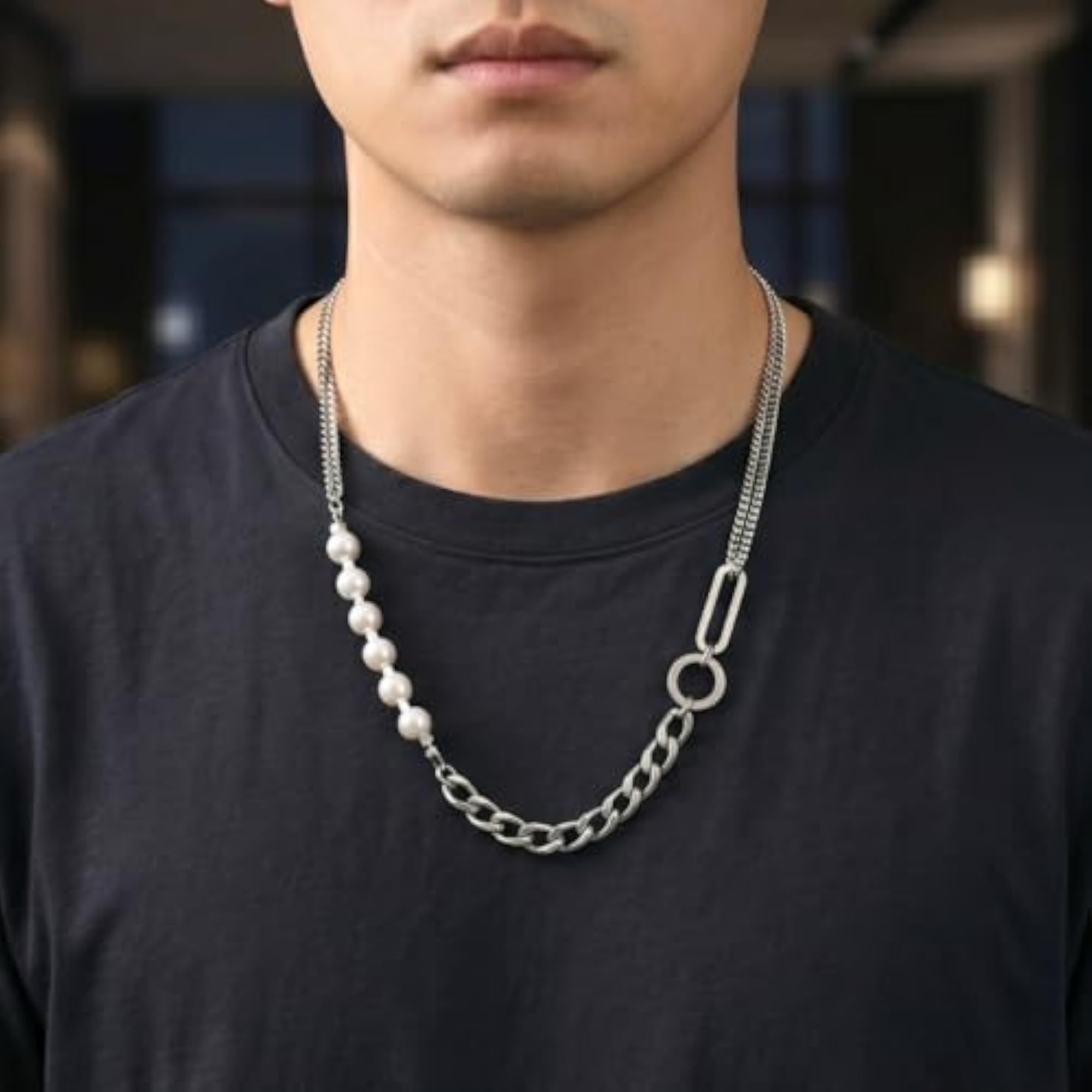 Men's Pearl Rugged Pure Titanium Steel Necklace with Cuban Chain