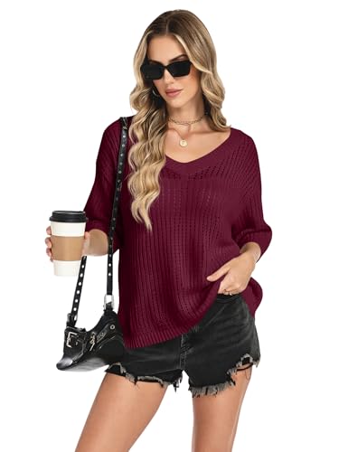 Image of Rapbin Women's Crochet V Neck Beach Cover Up 3 /4 Sleeve Hollow Out Knitted Pullover Sweater