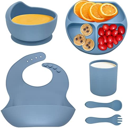 CARELAX Baby Led Weaning Supplies, Silicone Baby Feeding Set, First Stage Toddler Utensils, Silicone Bib for Babies, Spoon Fork, Cup, Suction Bowl and Baby Divided Plates for Kids
