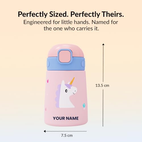 Image of rabitat Milo Personalized Stainless Steel Water Bottle 350ml | 2 Year Brand Warranty | BPA Free | Leakproof Steel Sipper Bottle for Kids | Flip Lock Lid with Straw | Easy Carry Handle Uni Pop