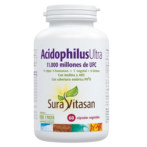 SURA VITASAN Acidophilus Ultra 60 Cápsulas con Cobertura Entérica – Probióticos con 11.000 Millones de UFC, 11 Cepas + Prebióticos FOS/AOS – Equilibrio de la Microbiota – Salud Intestinal