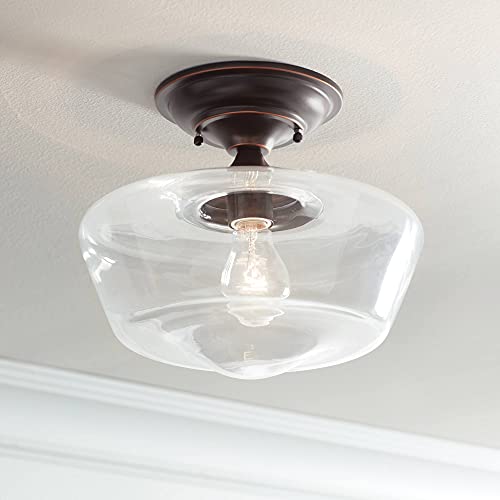 Regency Hill Schoolhouse Floating Rustic Farmhouse Ceiling Light Semi Flush-Mount Fixture 12' Wide Oil Rubbed Bronze Clear Glass for Bedroom Kitchen Living Room Hallway Dining Bathroom