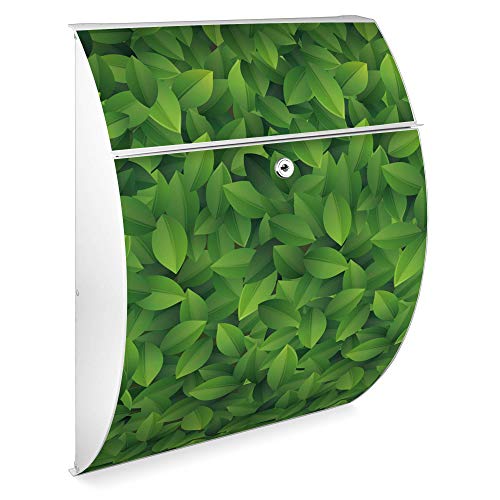 banjado Design Briefkasten - Modell Riviera 46x33,5x13cm groß - verzinkter Stahl weiß - Postkasten Öffnungsstopp großer A4 Einwurf Zylinderschloss 2 Schlüssel - Motiv Grüne Blätter