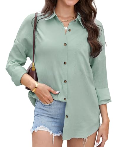 Stamain Damen Bluse Langarm Hemd Salbeigrün Damenblusen Oversized Hemdbluse Sommer Leicht und Luftig Langarmshirt Einfarbig Oberteil Baumwolle Polyester Lässig Longbluse für Leggings Ferien Outfit XXL
