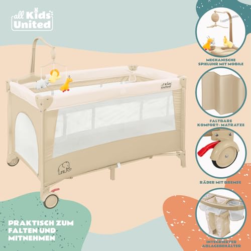 all Kids United® Cuna de Viaje para bebés - Centro para bebés Casa de Viaje Cuna con colchón, Cambiador, Juego de música y móvil (Beige) - imagen 5