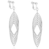 Clip on Long Dangle Earring Women Girl Fashion Jewelry Drop Diamond Cut Layered Tiered Leaf Silver Tone