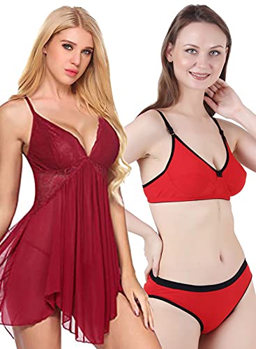 Image of Love Maker Lace Net Stylish Women Nightwear with Cotton Bra Panty Set for Women, Non Padded Bra Panty Set for Women & Night Wear Honeymoon Nighty for Women.