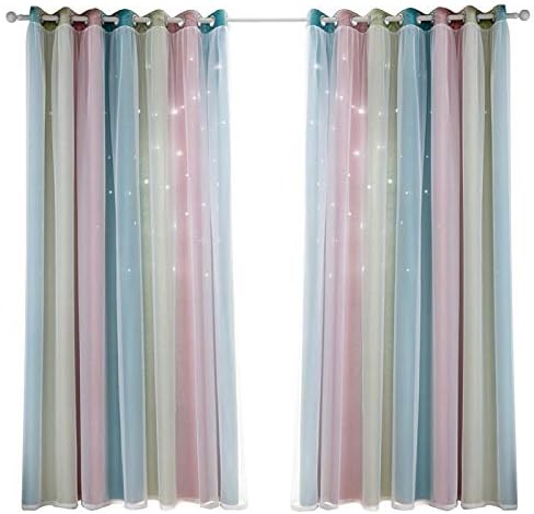 POHOVE Star Curtains for Girls Bedroom Kids Room Decor Light Blocking Voile Overlay Princess Star Hollowed Curtain Colorful Striped Layered Window 2-Layers Curtain