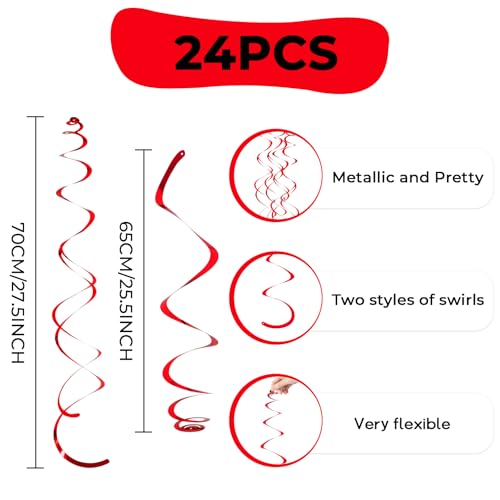 Image of 24 PCS Red Hanging Swirl, Sparkle Ceiling Hanging Decorations, Plastic Streamer Party Decorations with Double-Swirls and Single-Swirls for Birthday Decorations,Graduation, Anniversary, Valentine's Day