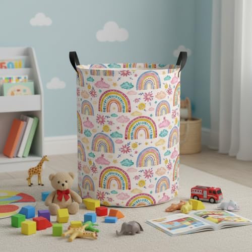 Image of Baby Laundry Hamper kids laundry Basket Waterproof Laundry Bag for Bedroom Clothes Organizer Room Decor(Pink Rainbow)