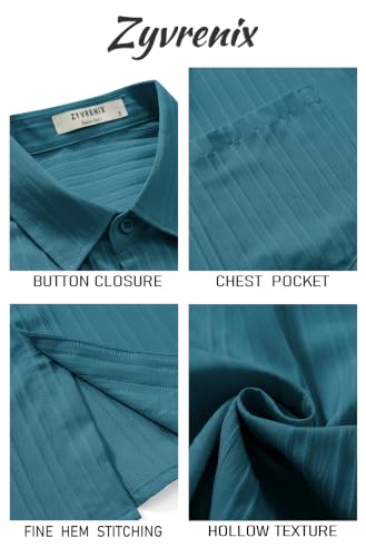 Zyvrenix Mens Short Sleeve Button Down Textured Shirts Peacock Green M — view 6