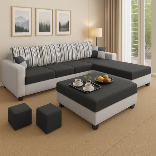 Image of CASASTYLE Lano 8 Seater Fabric RHS L Shape Sofa Set with 1 Centre Table & 2 Puffy (Dark Grey-Light Grey)