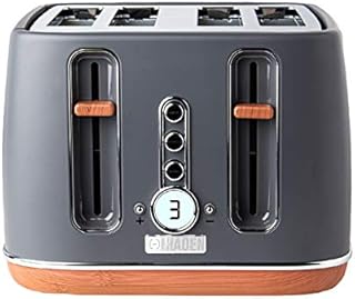 Haden Dorchester 4 Slice Grey Toaster  Modern LCD Display Digital Four Slice Toaster - 6 Browning Levels - Cancel / Defrost / Reheat Settings - With Wood Effect Finish