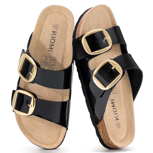 Image of KIDMI Women's Cork Footbed Slide Sandals Comfortable Arch Support Outdoor Sandal with Big Adjustable Buckle for Summer