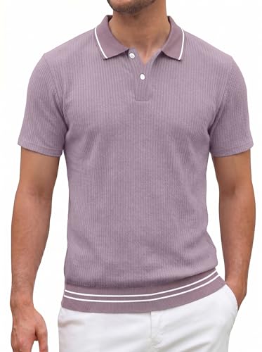 Crastimo Men's Textured Polo Shirt Vertical Rib Short Sleeve Contrast Trim Collar Hem 2-Button Classic Fit Casual Golf Pink L