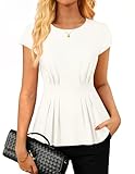 GRACE KARIN Women's Summer Cap Sleeve Peplum Tops Dressy Crew Neck Pleated Blouses Slim Fit Going Out Tunic Tops White M