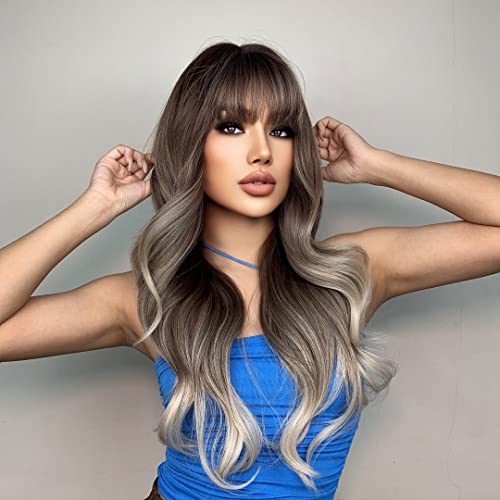 Jooler Ombre Blonde Wig With Bangs Long Ombre Brown And Blonde Wigs For Women Synthetic Wavy Ash Blonde Wigs For Daily Party 24 Inch Cosplay #TOP1