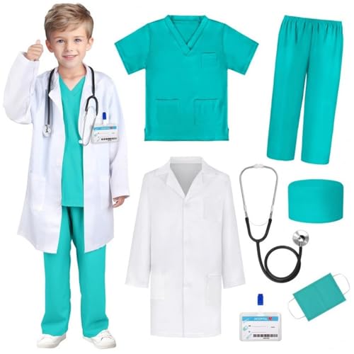 Famzuneu Arzt Kostüm Kinder Jungen Mädchen Arztkittel Laborkittel Krankenschwester Wissenschaftler Kostüm mit knöpfen Tasche Doktor Labormantel Kittel Chemie Studenten Karneval Faschingskostüme