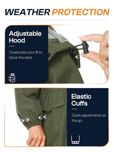 SaphiRose Lange Damen-Regenjacke, wasserdicht, leicht, mit Kapuze, verstaubar, knielang, Regenmantel, Grün , M