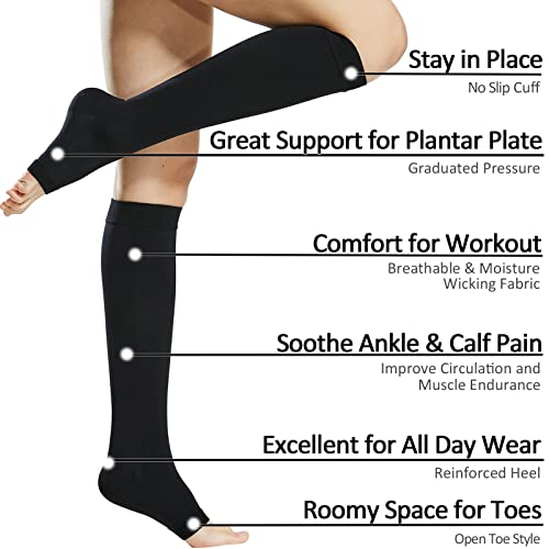 Ailaka 20-30 mmHg Knee High Open Toe Compression Calf Socks for Women and Men, Firm Support Graduated Varicose Veins Hosiery, Travel, Nurses, Pregnancy, Recovery (Black, X-Large)