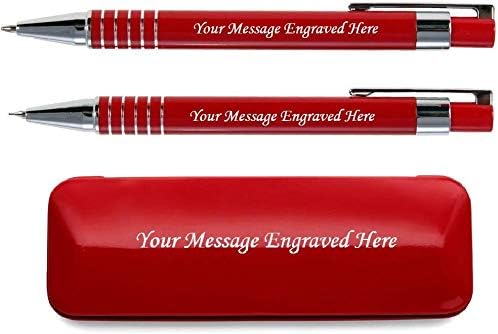 Personalised Engraved Stylish Pen And Pencil In Matching Colour Presentation Box- Personalised Gifts For Anniversary Or Any Gift Idea, Gifts For Men, Gifts For Woman - Enter Your Custom Text (Red)