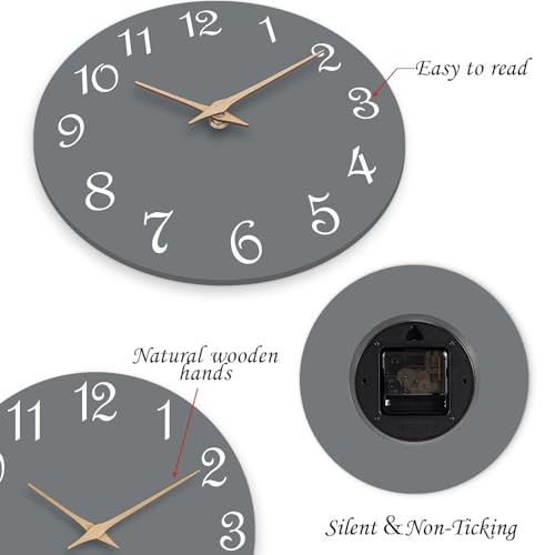 Image of Mosewa Wall Clock Silent Non Ticking Decorative for Bedroom Bathroom Office Living Room Battery Operated Gray Wood Modern Simple(10 Inch)