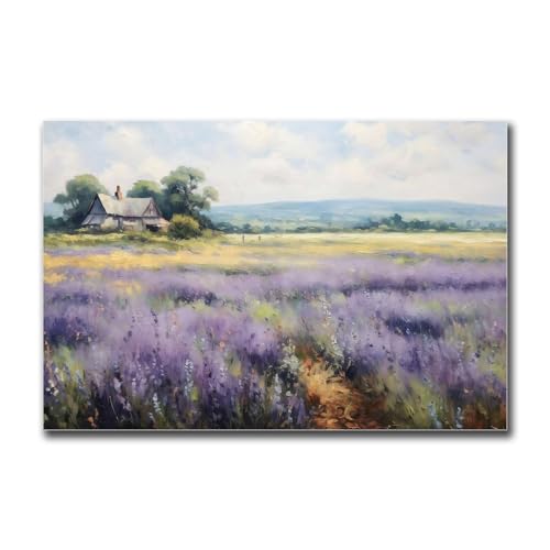 HSHYXARTYX Canvas Painting Poster and Print Pictures English Lavender Field Landscape Oil Painting Modern Art Decoration for Living Room Bedroom and Office 12x18inch