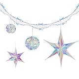 PAQUETE INCLUYE---Cada paquete hay 1pcs de guirnalda decorativa, 2pcs de estrellas colgantes y 2pcs de globos colgantes de plástico de brillo, el tipo de decoraciones es abundantes que deja Navidad, canaval de Halloween o las fiestas de cumpleaños más divertidos.