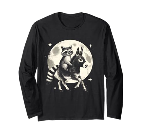 Cute Raccoon Riding Donkey Retro Animal Donkey Lovers Long Sleeve T-Shirt