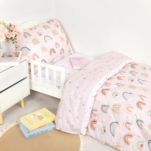 Image of Toddler Bedding Set for Girls, 4 Piece Toddler Girl Bedding Set, Super Soft & Lightweight Pink Toddler Comforter Set Includes Comforter, Flat Sheet, Fitted Sheet, Pillowcase (Rainbow)