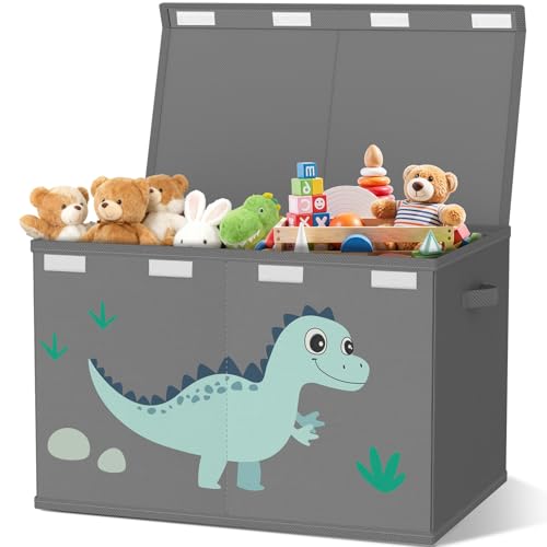 VERONLY Caja de juguetes con tapa, plegable, 83 L, caja de juguetes para niños, caja de cartón con asas, para niñas, habitación infantil, libros, dormitorio (estampado de dinosaurios)
