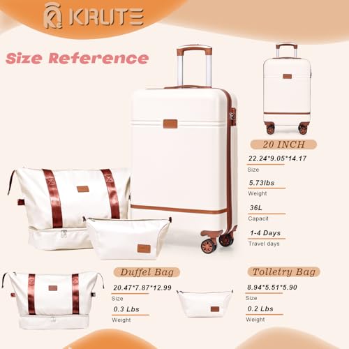 Krute Carry On Luggage Sets 3 Pieces Suitcase Set Hard Shell PC+ABS Airline Approved Suitcases with Spinner Wheels TSA Approved 20 Inch Luggage (WhiteBrown)4
