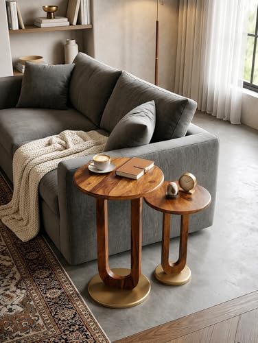 Image of REDWOOD Sheesham Wood End Table Set of 2 | Round Side Table for Living Room, Bedroom & Sofa Side | Space Saving Stackable Accent Coffee Table | Modern Wooden Furniture | Brown & Golden