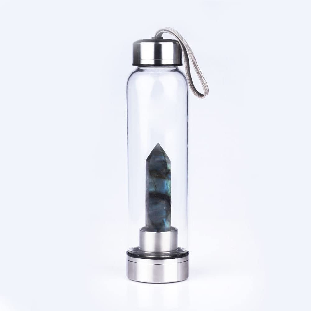 Baguette de guérison en cristal labradorite avec bouteille en verre haut de gamme