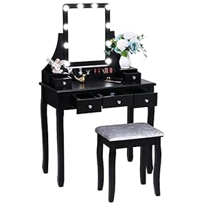 ANWBROAD Coiffeuse Moderne Table de Maquillage Vanité Set avec 10 Ampoules LED Miroir éclairé Incandescence, Tabouret rembourré Vinaigrette Noir 5 tiroirs 2 diviseurs organisateurs Amovibles BDT34B