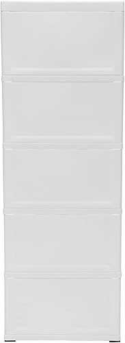 Miniatura 7 de Cómoda de cajones de plástico, armario de almacenamiento moderno con cuatro ruedas, torre vertical apilable de almacenamiento de ropa de 5 cajones,