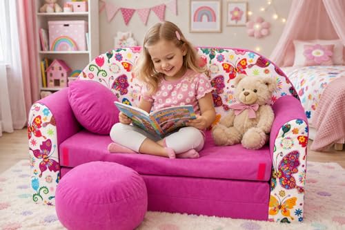 Pro Cosmo umwandelbares Kindersofa – perfekt zum Spielen und Schlafen – mit Abnehmbarer Matratze, Kissen und Pouf – 98x168x59 cm – leicht und einfach zusammenklappbar M33 Lila - Schmetterlinge