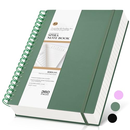 MUAHLIUB Spiral Notebook Journal College Ruled 8.5''x 11'', 360 Pages Lined Thick Journals for Women Men, A4 Large Spiral Notebooks with 100GSM Paper, Spiral Journaling for Writing Work, School Green