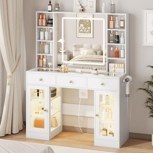 Image of White Vanity Desk with Mirror and Lights, Glass Top Vanity with Lighted Mirror & RGB Cabinet and 3 Drawers, Dressing Table with 8 Shelves, Makeup Desk with Lights for Girls Bedroom, 3 Color Modes