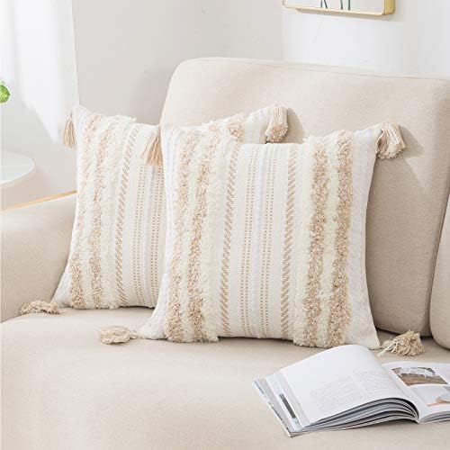 decorUhome Boho Beige Cushion Covers 45x45cm Set of 2, Decorative Tufted Tassel Woven Cushion Cover for Sofa Couch 18X18 Inch