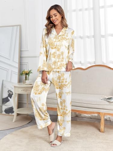 Image of Brosloth Women's Silk Satin Pajamas Pjs Sets Cute Lace Pattern Two Piece Loungewear Set Button Up Pajamas Sleepwear Black