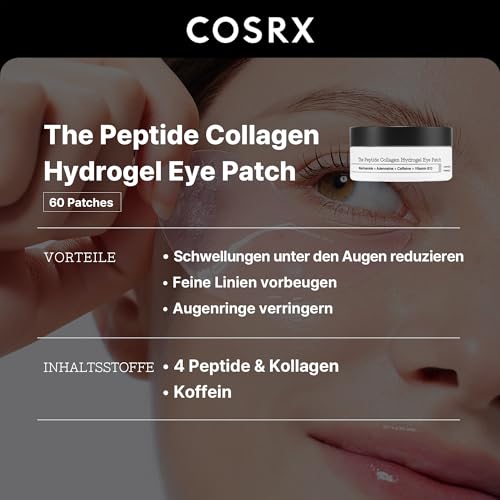 COSRX Pink Peptide Collagen Hydrogel Augenpads mit Koffein gegen Augenringe, vermindert das Volumen von Tränensäcken und Schwellungen, Anti-Falten Eye Patches, Korean Skincare, 60 Stück